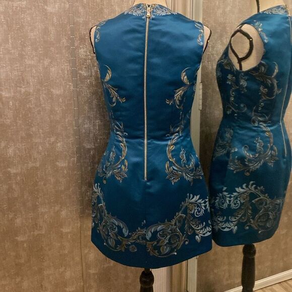 Roberto Cavalli Elegant teal  and Gold Floral mini dress, US6 - Picture 7 of 12